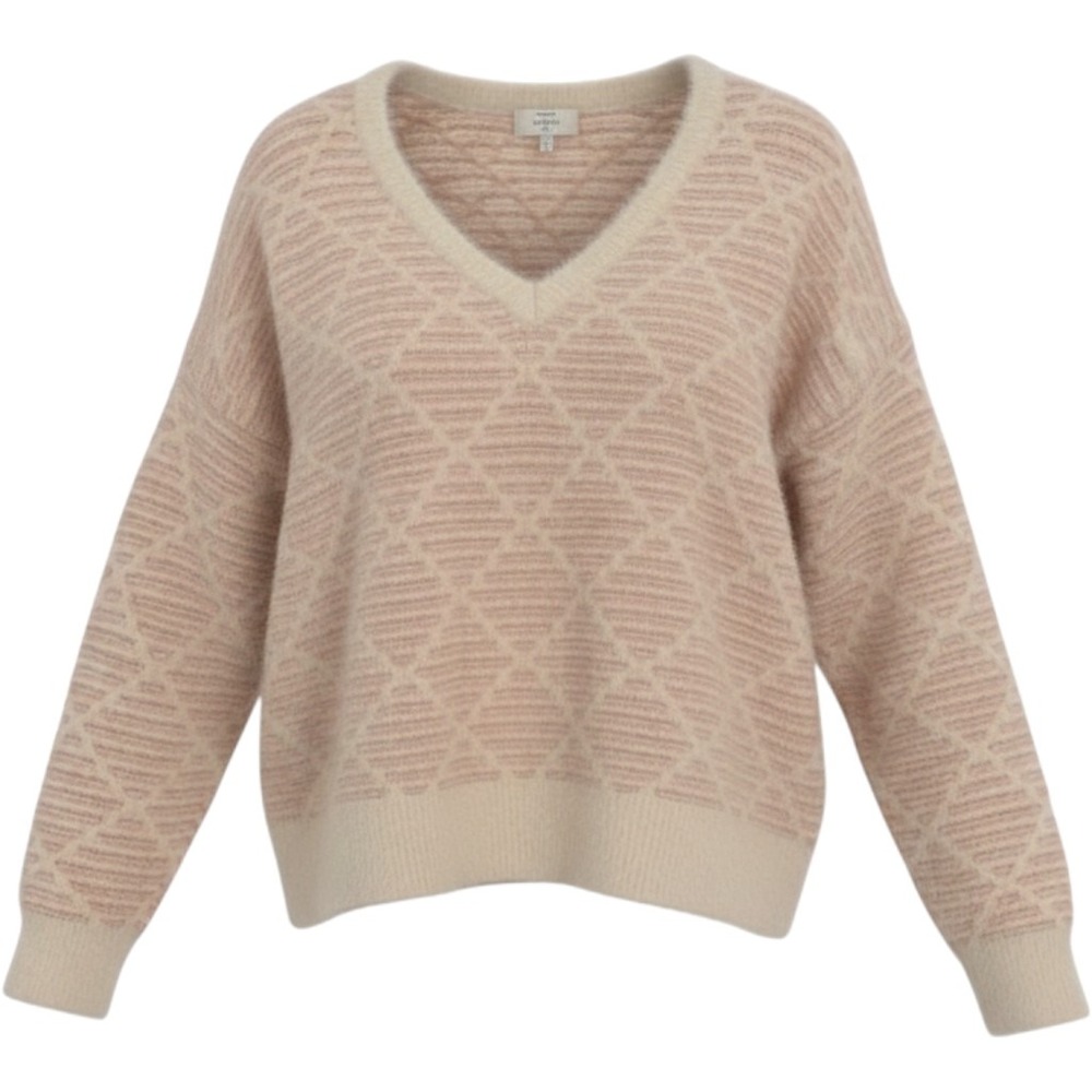 French Paris La Maille Fuzzy V-Neck Sweater Pink Cream Diamond Metallic NWT M